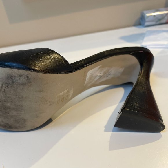 Saks Fifth Avenue Black Crocodile Texture Leather Heels Sandals Mules - Picture 2 of 4